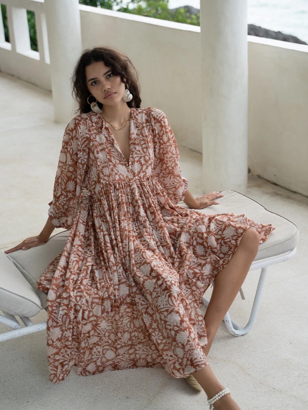 Daughters of India Terracotta and White Floral Midi Dress